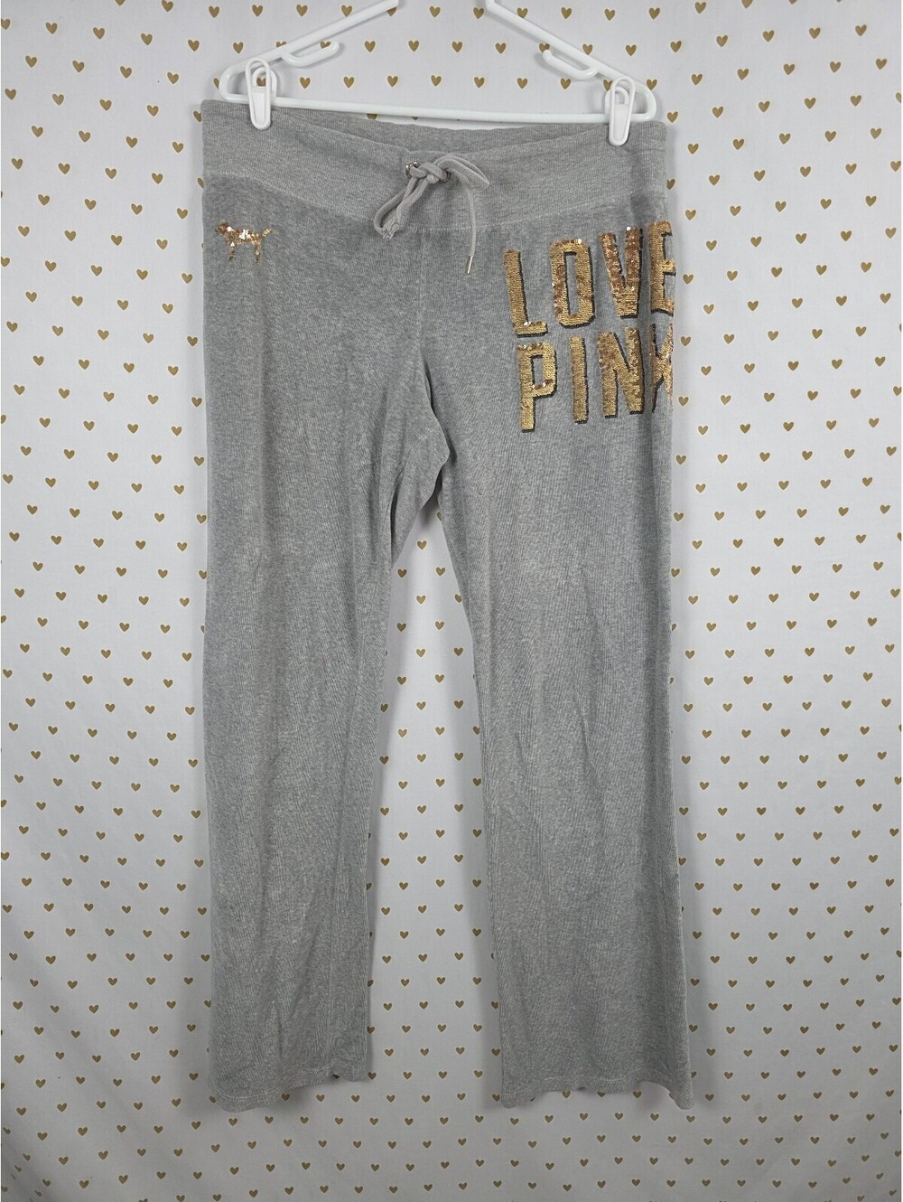 Victorias Secret PINK Vintage Velour Sweats Sweatpants BLING logo Grey Sequined